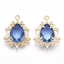 Royal Blue Brass Pendants, with Faceted Glass, Teardrop, Golden, Royal Blue, 25.5x19x6mm, Hole: 1.6mm