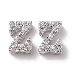 Letter Z 925 Sterling Silver Micro Pave Cubic Zirconia Beads, Real Platinum Plated, Letter Z, 9x6.5x3.5mm, Hole: 2.5x1.5mm