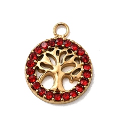 Светло-сиамский 304 подвески из нержавеющей стали с микропаве из стразов, древо жизни прелести, ионное покрытие (ip), реальный 18 k позолоченный, Light Siam, 15.5x12.5x2 мм, отверстие : 1.8 мм