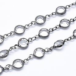 Gunmetal Faceted Glass Handmade Beaded Chains, Unwelded, Lead Free & Cadmium Free, with Spool, with Brass Findings, Long-Lasting Plated, Flat Round, Gunmetal, 13x7x3mm, about 32.8 Feet(10m)/roll