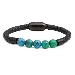 Turquoise Stainless Steel Magnetic Clasp Leather Bracelet - European and American Men's Emperor Stone Bead Bracelet