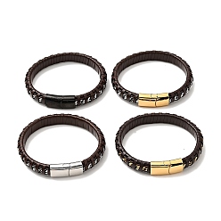 Mixed Color Leather & 304 Stainless Steel Rope Braided Cord Bracelet with Magnetic Clasp for Men Women, Mixed Color, 8-5/8 inch(21.8cm)