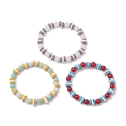 Mixed Color 3Pcs Round Natural White Jade & Amazonite & Dyed Malaysia Jade Beads Stretch Bracelets, with Natural Lava Rock Chip Beads, Mixed Color, Inner Diameter: 2 inch(5.2cm)