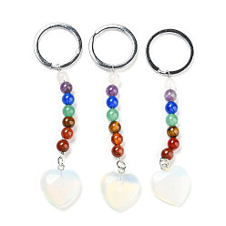 Opalite Opalite Heart Pendant Keychain, with 7 Chakra Gemstone Beads and Platinum Tone Brass Findings, 10cm
