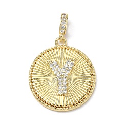 Letter Y Латунные микропаве прозрачные подвески с фианитом, плоский круглый с подвесками в виде букв, без свинца и без кадмия, долговечный, стойки покрытие, реальный 18 k позолоченный, Письмо Y, 24.5x21.5x2.5 мм, отверстие : 4.5x3.5 мм