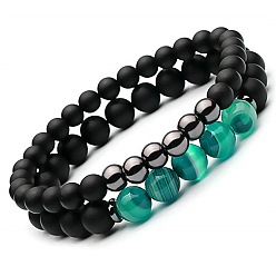 Style 2 Matte Agate Stone Striped Bracelet Set with Black Magnetic Hematite Beads and Elastic Cord