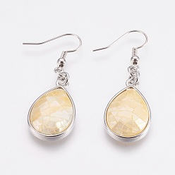 Gold Natural Yellow Shell Dangle Earrings, with Platinum Tone Brass Findings, teardrop, Gold, 47mm, Pin: 0.7mm