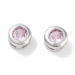 Pink Brass with Single Cubic Zirconia Slide Charms, Flat Round, Platinum, Pink, 5.5x3.5mm, Hole: 3x0.6mm