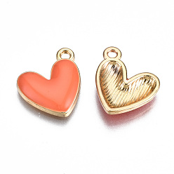 Coral Eco-Friendly Zinc Alloy Pendants, with Enamel, Cadmium Free & Nickel Free & Lead Free, Heart, Light Gold, Coral, 16x15x3mm, Hole: 1.6mm
