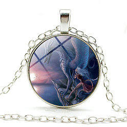 Mauve Dragon Theme Glass Round Pendant Necklace with Alloy Chains, Mauve, 20.47 inch(52cm)