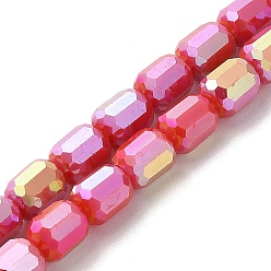 Orange Red Electroplate Glass Beads Strands, Opaque Solid Color, AB Color Plated, Faceted, Column, Orange Red, 6x7~7.5mm, Hole: 1mm, about 72~73pcs/strand, 21.06~21.14''(53.5~53.7cm)