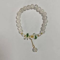 Прозрачный Стеклянной бусины шарм браслеты, Браслеты из искусственного жемчуга из стекла и АБС-пластика для женщин, цветок, прозрачные, 7-1/4 дюйм (18.5 см)