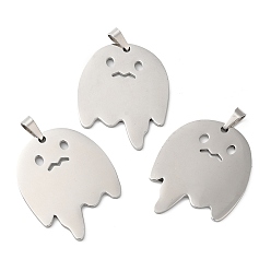 Stainless Steel Color Halloween 304 Stainless Steel Pendants, Ghost Charm, Stainless Steel Color, 30x24.5x1.5mm, Hole: 6.5x3.5mm