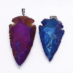 Mixed Color Electroplated Quartz Crystal Pendants, with Brass Finding, Gunmetal, Arrowhead, Mixed Color, 35~50x16~20x5~8mm, Hole: 5x8mm