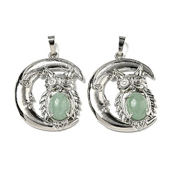 Зеленый Авантюрин Естественный зеленый авантюрин подвески, Подвески в виде совы со стойкой, латунь, луна, платина, без кадмия и без свинца, 38.5x31.5x8 мм, отверстие : 8x5 мм