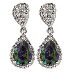 чирок Серьги-гвоздики из латуни с микропаве и кубическим цирконием, покрытие стойки, слеза, зелено-синие, 24x10 мм