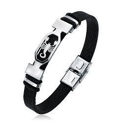Scorpio 201 Stainless Steel Constellation Beaded Bracelet, Leather Cord Gothic Bracelet for Men Women, Scorpio, 8-1/4 inch(21cm)