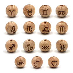 BurlyWood Wood Beads, Round with Constellation, BurlyWood, 16x15mm, Hole: 4mm, 15pcs/bag