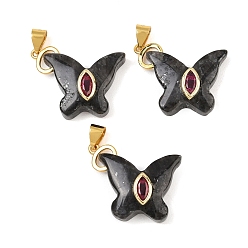 Larvikite Natural Larvikite Pendants, Butterfly Charms with Brass Micro Pave Cubic Zirconia Findings, Golden, 17.5~19x23~25x6.5~7mm, Hole: 3.5x4mm