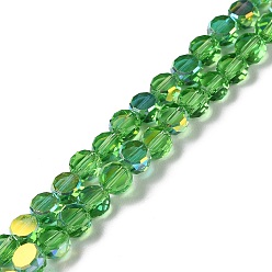 Lime Green Transparent Electroplate Glass Beads Strands, AB Color, Faceted Flat Round, Lime Green, 6x3mm, Hole: 1.2mm, about 98~100pcs/strand, 20.08''~20.87''(51~53cm)