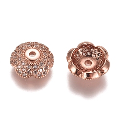 Rose Gold 6-Petal Brass Micro Pave Clear Cubic Zirconia Bead Caps, Flower, Rose Gold, 10x4mm, Hole: 1.2mm