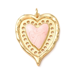 Pink Brass Pendants, with Enamel, Heart Charms, Rack Plating, Long-Lasting Plated, Lead Free & Cadmium Free, Real 18K Gold Plated, Pink, 36x28x4mm, Hole: 4mm
