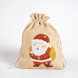 Santa Claus Christmas Theme DIY 5D Diamond Painting Gift Bag Kits, including Linen Bag, Resin Rhinestones, Diamond Sticky Pen, Tray Plate and Glue Clay, Santa Claus Pattern, 200x145mm