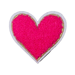 Hot Pink Towel Embroidered Patch, Love Heart Embroidery Chenille Appliques, Iron-on Clothing Apparel Decoration, Hot Pink, 75x70mm