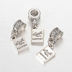 Antique Silver Rectangle with Word Passport Alloy European Dangle Large Hole Pendants, Antique Silver, 26mm, Hole: 4.5mm