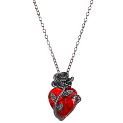 Red Valentine's Day Theme Glass Heart with Rose Pendant Necklaces, with Alloy Chains, Red, 20.47 inch(52cm)