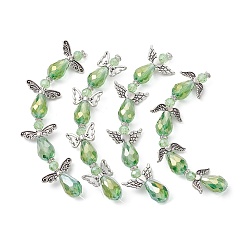 Lime Green Angel Fairy Shape Electroplate Glass Beads Strands, with Tibetan Style Alloy Wing Beads, Lime Green, 26~28x18~26x10mm, Hole: 0.8mm, about 4pcs/strand, 3.858~4.09''(9.8~10.4cm)