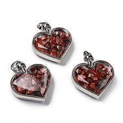 Red Jasper Glass Bottle Pendants, with Natural Red Jasper Chips and Platinum Plated Alloy Findings, Heart, 40x32.5x11mm, Hole: 8x5mm