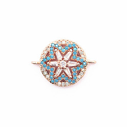 Rose Gold Brass Micro Pave Deep Sky Blue Cubic Zirconia Connector Charms, Mandala Flower Links, Rose Gold, 13.9x18.7mm