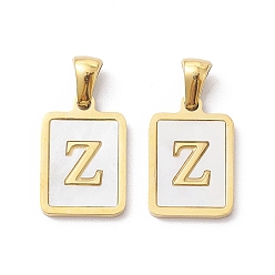 Letter Z Ion Plating(IP) 304 Stainless Steel Pave Shell Pendants, Rectangle Charm, Real 18K Gold Plated, Letter Z, 17.5x12x1.5mm, Hole: 3x5mm