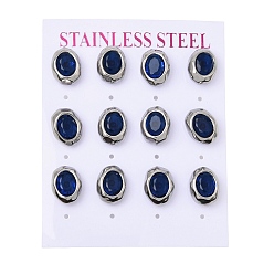 Medium Blue 6 Pairs 304 Stainless Steel Pave Cubic Zirconia Stud Earrings, Oval, Stainless Steel Color, Medium Blue, 12.5x10mm