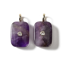 Amethyst Natural Amethyst Pendants, Rectangle Charms with Brass Micro Pave Cubic Zirconia Findings, Golden, 33.5x19.5x9.5mm, Hole: 3.5mm
