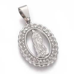 Stainless Steel Color 304 Stainless Steel Rhinestone Pendants, Lady of Guadalupe Charms, Oval with Virgin Mary, Stainless Steel Color, 25x17.5x2.5mm, Hole: 4x6mm