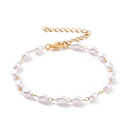 Golden Rice Plastic Imitation Pearl Beaded Bracelets, with Vacuum Plating 304 Stainless Steel Curb Chains, White, Golden, 6-3/8 inch(16.3cm)