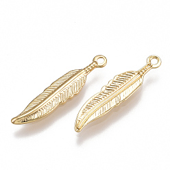 Real 18K Gold Plated Brass Pendants, Feather, Nickel Free, Real 18K Gold Plated, 20.5x4.5x1mm, Hole: 1mm