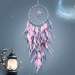 Pearl Pink Woven Web/Net with Feather Decorations, with Iron Ring and Natural Gemstone, Star Charm for Home Bedroom Hanging Decorations, Pearl Pink, 720mm