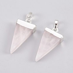 Rose Quartz Natural Rose Quartz Pendants, with Brass Findings, Triangle, Silver, 27~29x12~13x4~5mm, Hole: 4x6mm