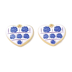 Blue Printed Brass Pendants, Heart with Rose Charms, Rack Plating, Long-Lasting Plated, Lead Free & Cadmium Free, Real 18K Gold Plated, Blue, 17x20.5x3.5mm, Hole: 2mm