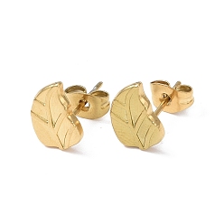 Chapado en Oro Real 18K Chapado en iones (ip) 304 arete de acero inoxidable para mujer, hoja, real 18 k chapado en oro, 10.2x7.7 mm, pin: 0.8 mm