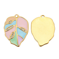 Pink Stainless Steel Rhinestones Pendants, with Enamel, Golden, Leaf Charm, Pink, 21x11mm, Hole: 1.4mm