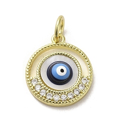 Midnight Blue Brass Micro Pave Cubic Zirconia Pendants, with Enamel, with Jump Ring, Real 18K Gold Plated, Flat Round with Evil Eye, Midnight Blue, 17.5x15x3mm, Hole: 3.8mm