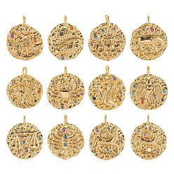 Constellation 12Pcs 12 Style Brass Micro Pave Cubic Zirconia Pendants, with Jump Rings, Flat Round with Constellation, 12 Constellations, 14~15x2mm, Hole: 3mm