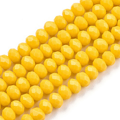 Gold Opaque Solid Color Glass Beads Strands, Faceted, Rondelle, Gold, 4x3mm, Hole: 0.4mm, about 123~127pcs/strand, 16.5~16.9 inch(42~43cm)