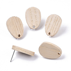 PapayaWhip Cedarwood Stud Earring Findings, with 304 Stainless Steel Pin, Teardop, PapayaWhip, 20x14mm, Hole: 2mm, Pin: 0.7mm