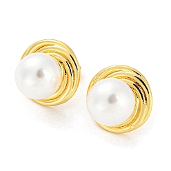 Real 18K Gold Plated Plastic Pearl Round Stud Earrings, Brass Earrings, Long-Lasting Plated, Cadmium Free & Lead Free, Real 18K Gold Plated, 15mm