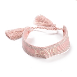 Pink Word Love Polycotton(Polyester Cotton) Braided Bracelet with Tassel Charm, Flat Adjustable Wide Wristband for Couple, Pink, Inner Diameter: 2~3-1/8 inch(5~8cm)